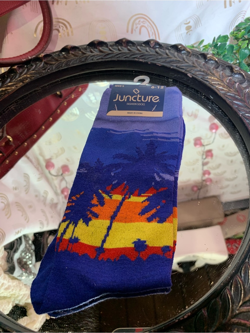 Juncture Men's Blue Palm-Print Crew Socks - Vibrant Sunset Design